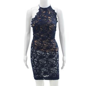 Nightcap Clothing Womens Spaghetti Strap Lace Overlay Dress Navy Beige Size 1